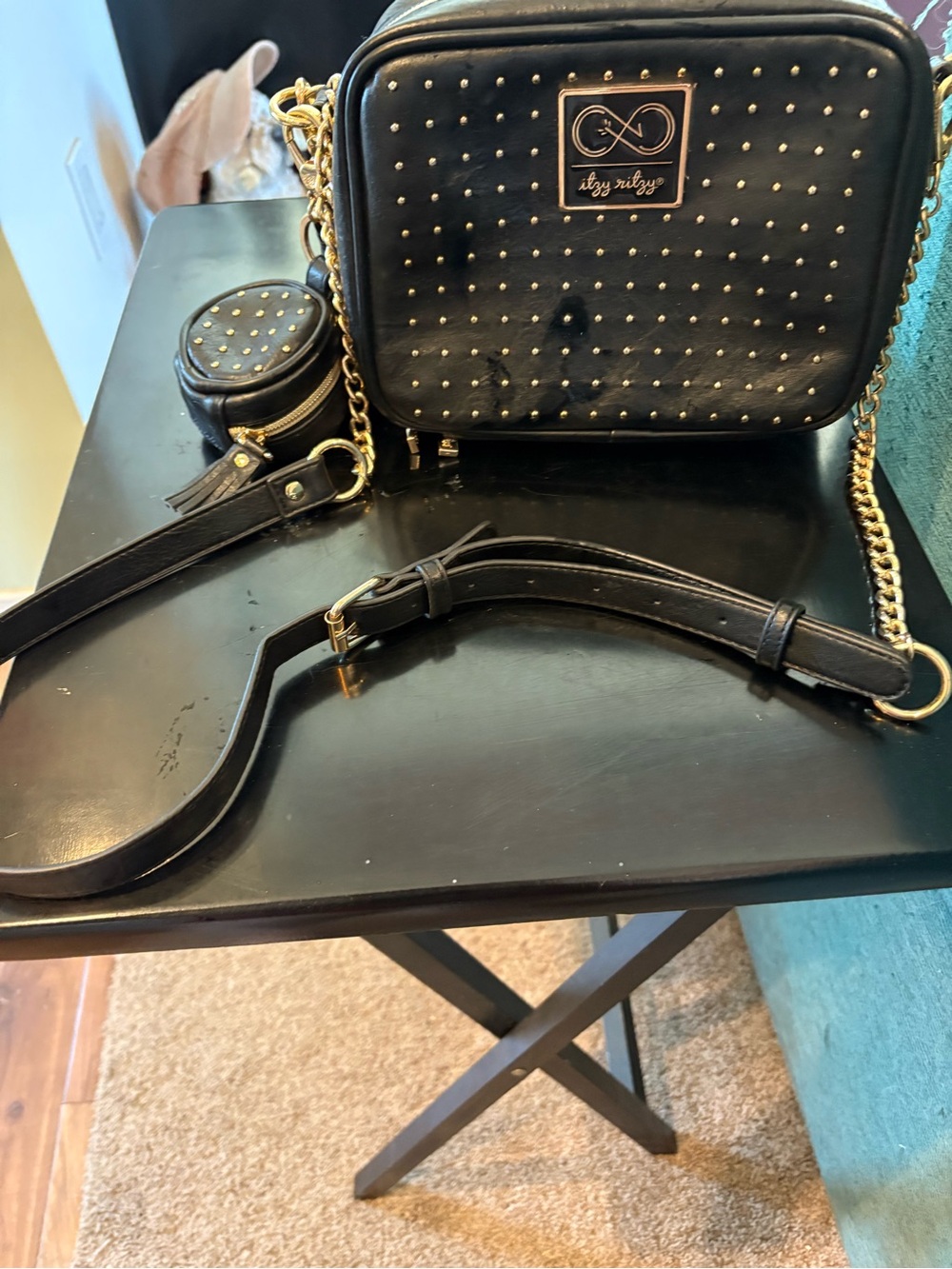 Itzy Ritzy Black Studded Crossbody Diaper Bag with Detachable Coin Pouch